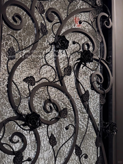 Black Rothnow wrought iron entrance door with decorative design, customized size, suitable for front entryways.
