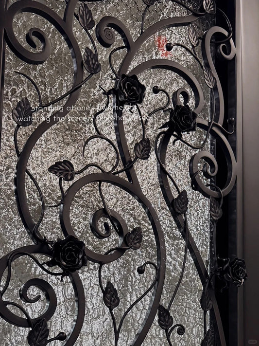 Black Rothnow wrought iron entrance door with decorative design, customized size, suitable for front entryways.