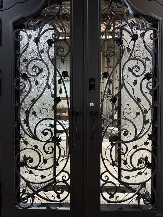 Black Rothnow wrought iron entrance door with intricate design, custom-sized for a stylish and durable front entry.