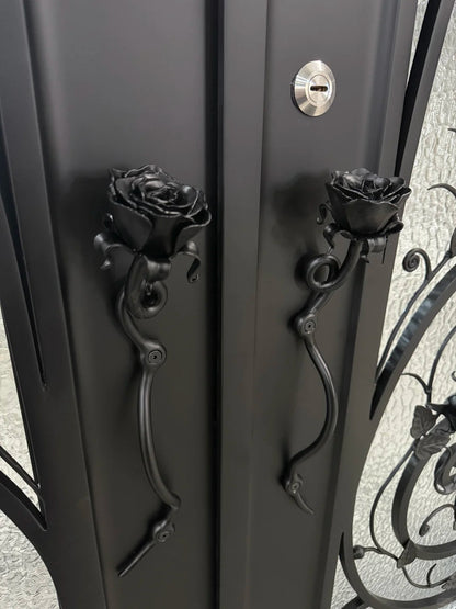 Black Rothnow wrought iron entrance door with custom size and intricate design, ideal for secure and stylish home entry.