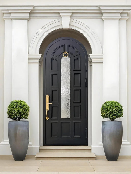 Black Rothnow wrought iron entrance door with decorative design, customized size, and sturdy front door appearance.
