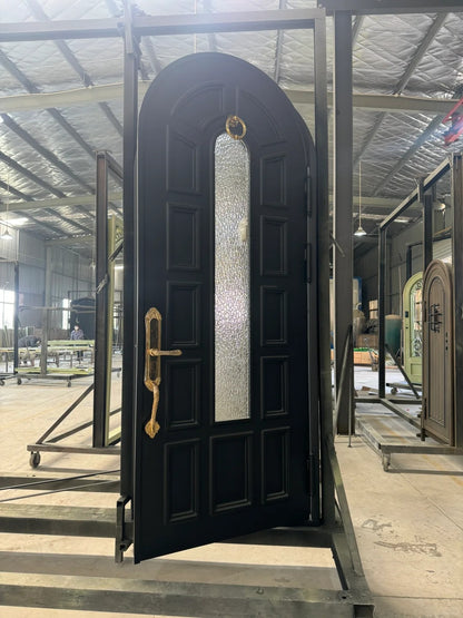 Black Rothnow wrought iron entrance door with custom size and intricate design, ideal for a stylish front entryway.