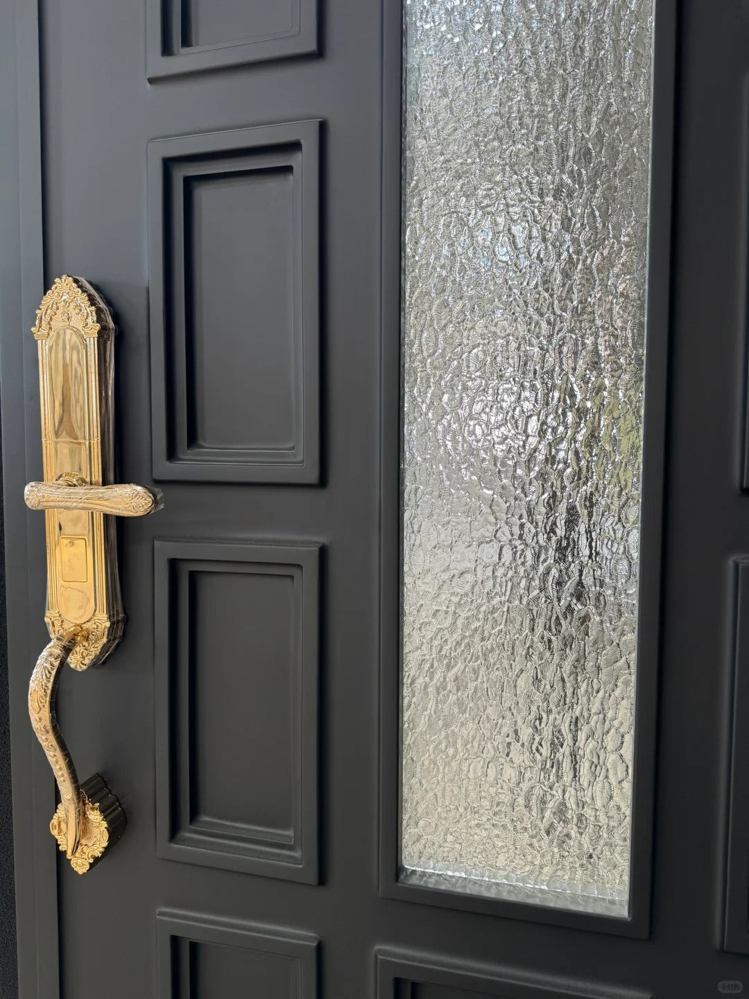Black Rothnow wrought iron entrance door with custom size and intricate design, ideal for home front entry.