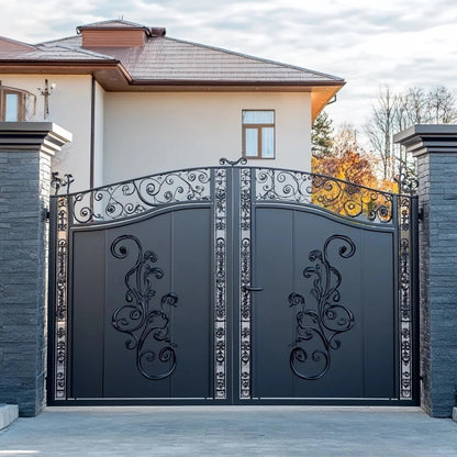 Black Rothnow wrought iron garden gate with custom size, featuring decorative ironwork for outdoor security and aesthetic appeal.