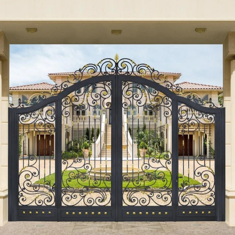 Customized black Rothnow wrought iron garden gate with decorative scrollwork and sturdy design.