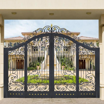 Customized black Rothnow wrought iron garden gate with decorative scrollwork and sturdy design.