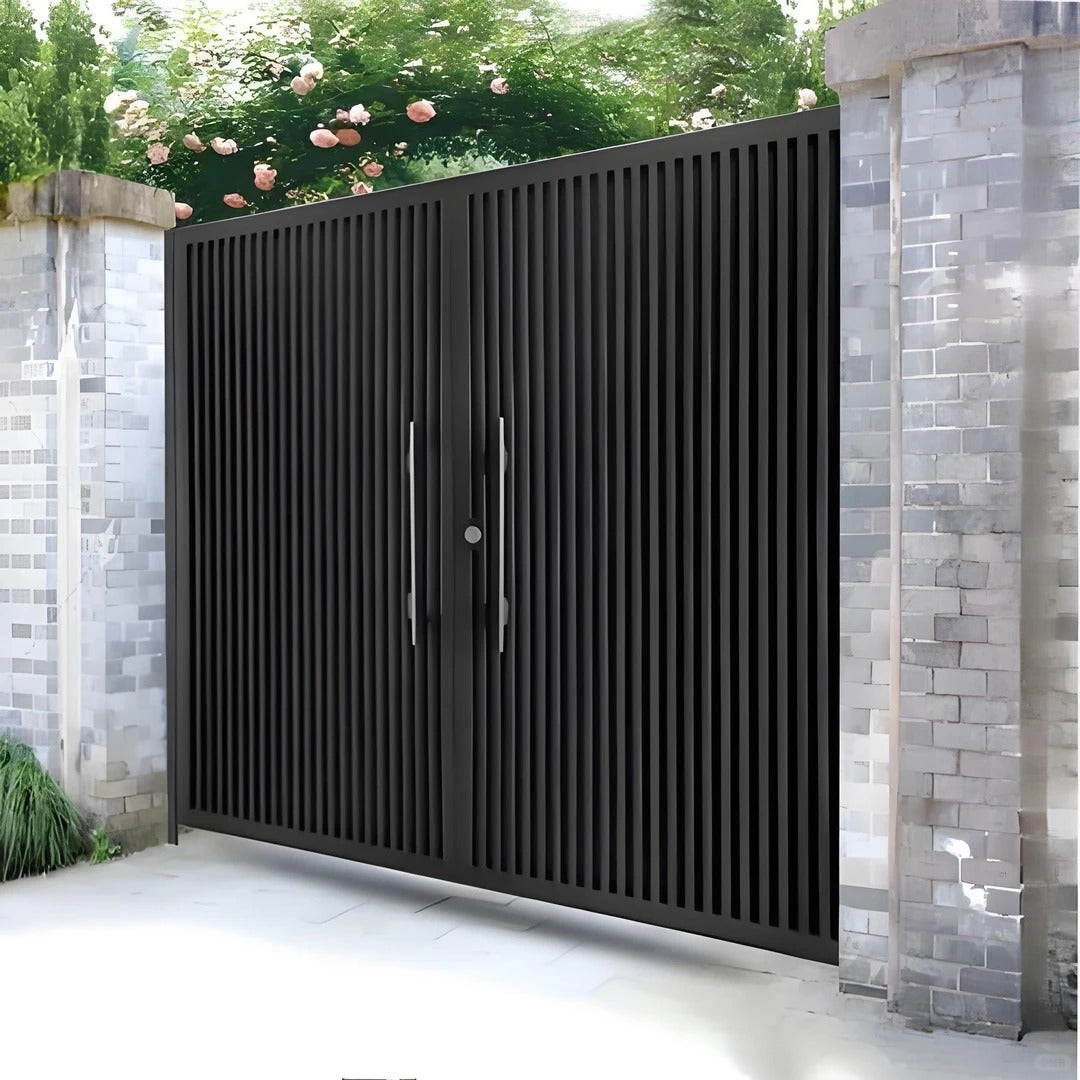 Black Rothnow wrought iron garden gate with decorative scrollwork and sturdy frame, customized size for outdoor security and style.
