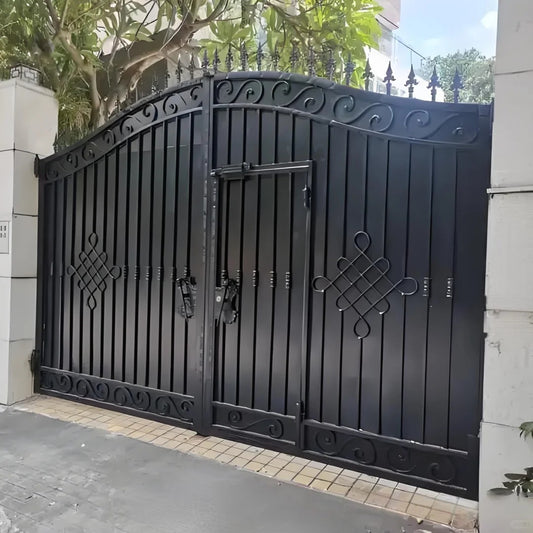 Black Rothnow wrought iron garden gate with decorative scrollwork and customizable size, designed for outdoor security and aesthetic appeal.