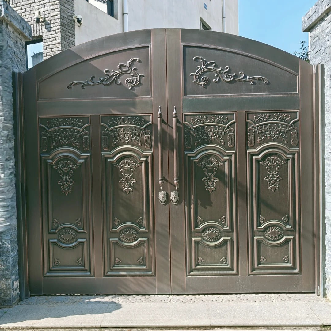 Black Rothnow wrought iron garden gate with decorative scrollwork, customized size, and sturdy metal construction.