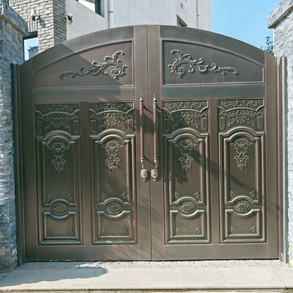 Black Rothnow wrought iron garden gate with decorative scrollwork, customized size, and sturdy metal construction.