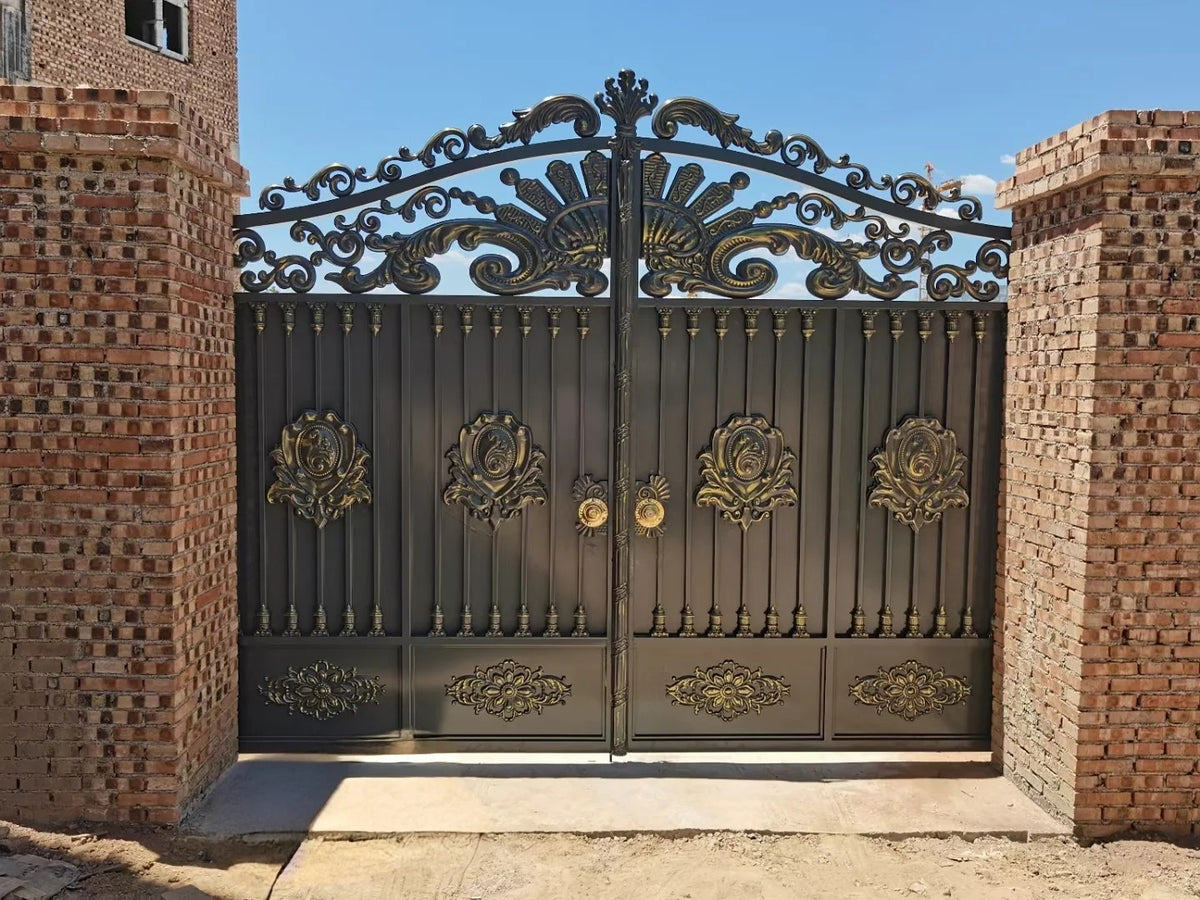 Black Rothnow wrought iron garden gate with decorative scrollwork and sturdy design, custom-sized for outdoor security and style.