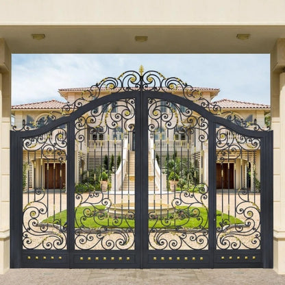 Black Rothnow wrought iron garden gate with decorative scrollwork and customizable size, ideal for outdoor fence entry.