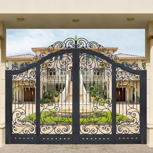 Black Rothnow wrought iron garden gate with decorative scrollwork and customizable size, ideal for outdoor fence entry.