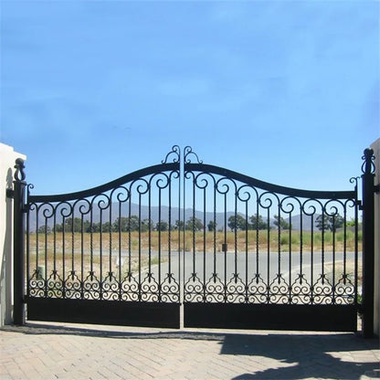 Black Rothnow wrought iron garden gate with decorative design, customized size, ideal for outdoor security and aesthetic appeal.