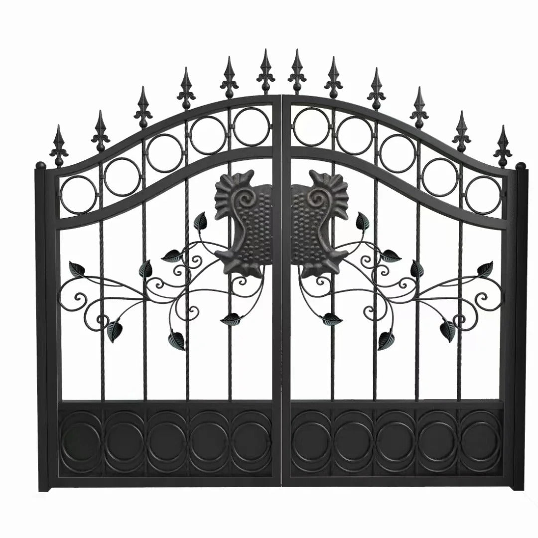 Custom black Rothnow wrought iron garden gate with decorative scrollwork and sturdy iron construction.