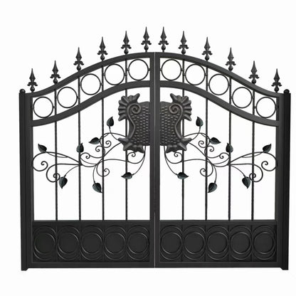 Custom black Rothnow wrought iron garden gate with decorative scrollwork and sturdy iron construction.
