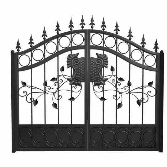 Custom black Rothnow wrought iron garden gate with decorative scrollwork and sturdy iron construction.