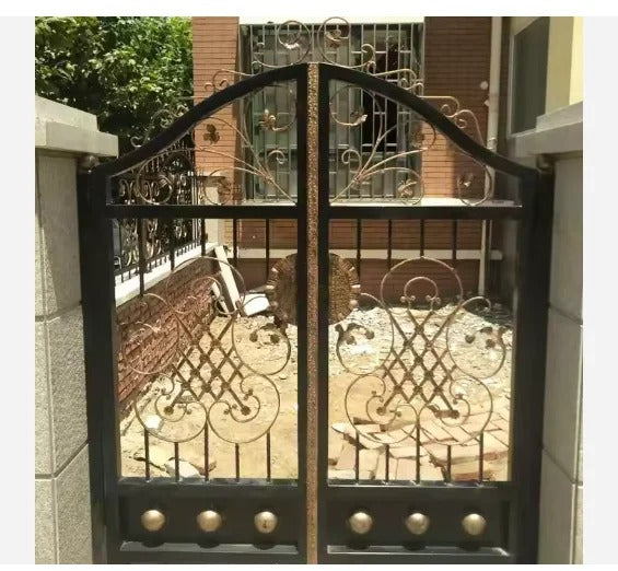 Black Rothnow wrought iron garden gate with decorative scrollwork and custom size design for outdoor security and style.