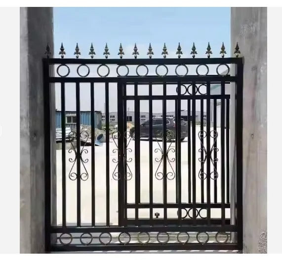 Black Rothnow wrought iron garden gate with custom size, featuring intricate design and sturdy metal construction.