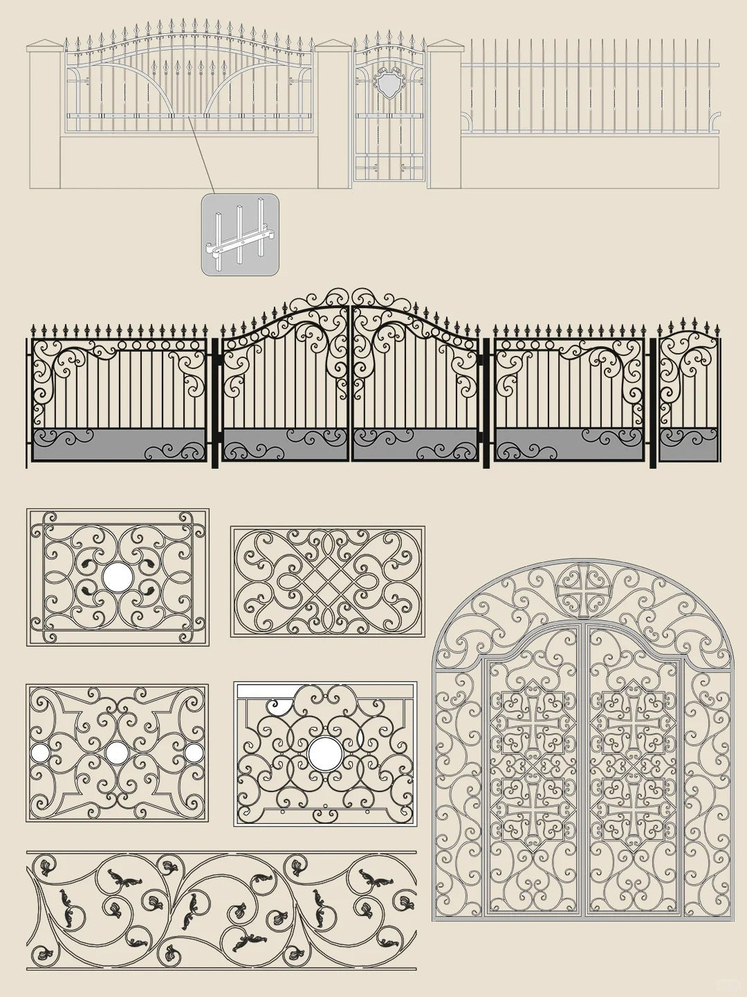 Black Rothnow wrought iron garden gate with custom size, featuring intricate ironwork and a sturdy design for outdoor use.