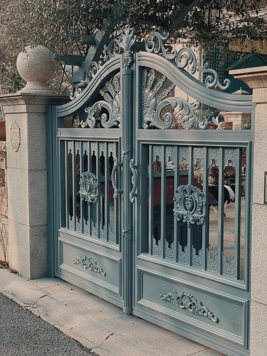Black Rothnow wrought iron garden gate with decorative scrollwork and customizable size, ideal for outdoor privacy and security.