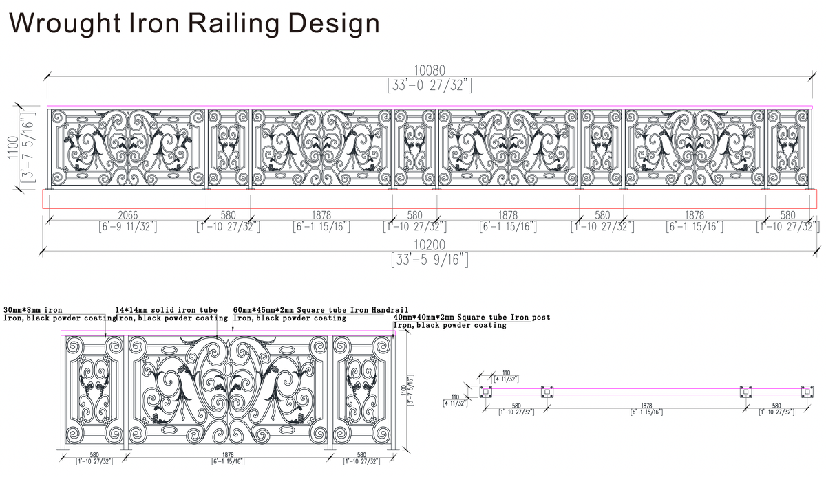 Black Rothnow wrought iron railing and fence with intricate design for outdoor security and decorative fencing.