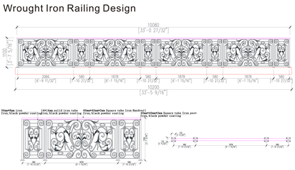 Black Rothnow wrought iron railing and fence with intricate design for outdoor security and decorative fencing.