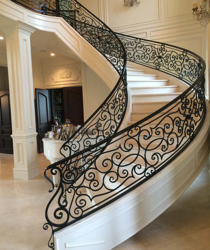 Black Rothnow wrought iron railing and fence with intricate design, suitable for outdoor security and decorative fencing.