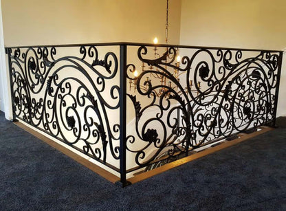 Black Rothnow wrought iron railing with decorative design, custom-sized fencing for outdoor safety and aesthetic enhancement.