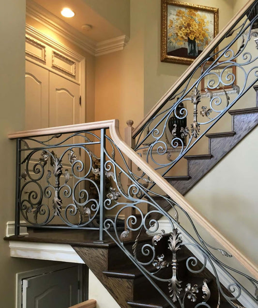 Black Rothnow wrought iron railing with intricate design, custom-sized for fences and outdoor safety.