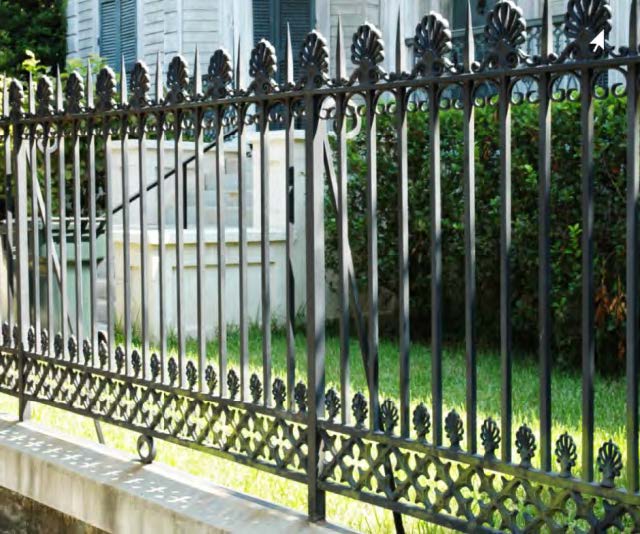 Black Rothnow wrought iron railing and fence with decorative design, suitable for outdoor safety and privacy.