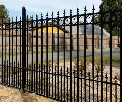 Black Rothnow wrought iron railing and fence with decorative design, customized size for outdoor safety and aesthetic appeal.