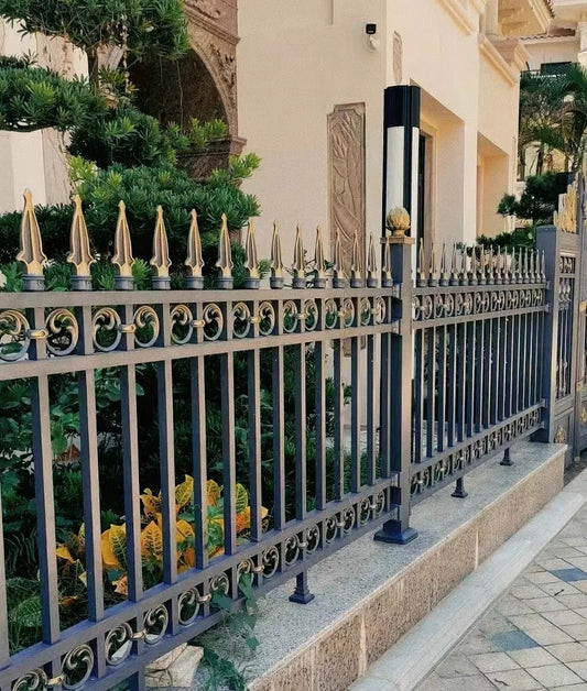 Black Rothnow wrought iron railing and fence with intricate design, customized size, showcasing durable iron craftsmanship.