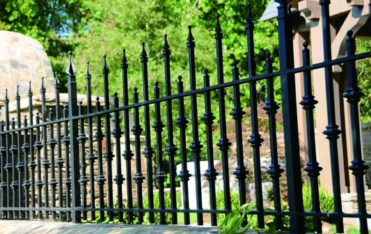 Black Rothnow wrought iron railing and fence with intricate design, custom-sized for durable outdoor security and decorative fencing.