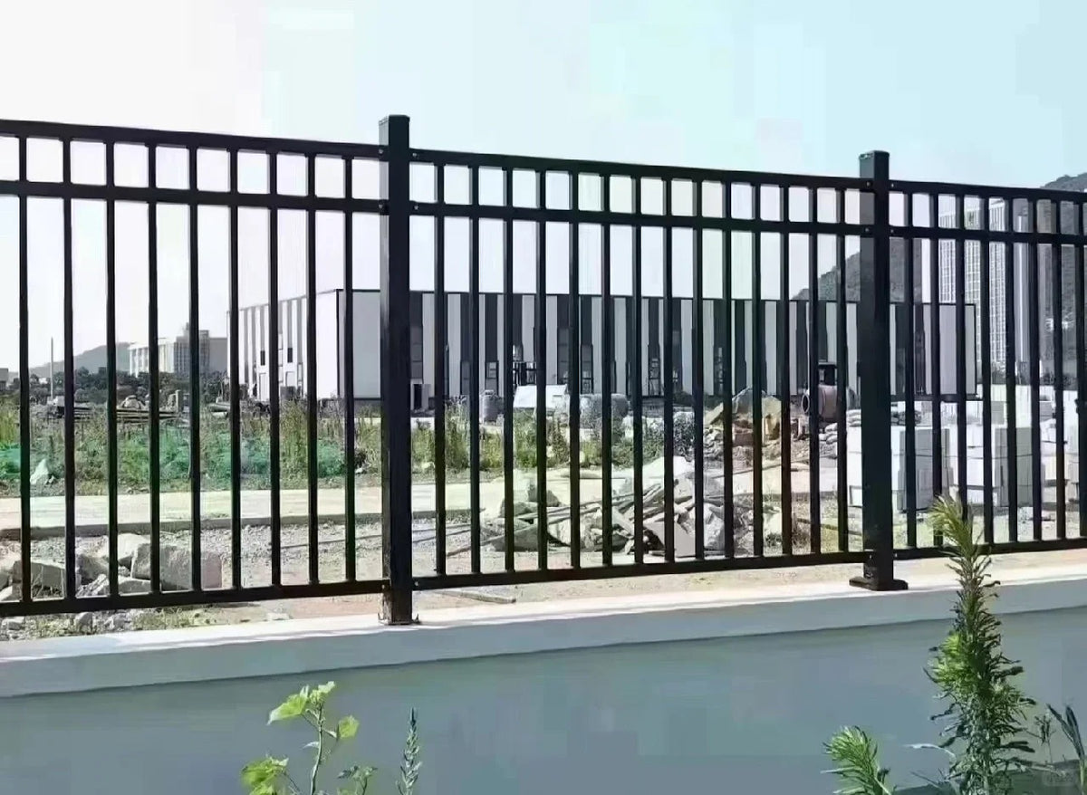 Black Rothnow wrought iron fence with decorative railing design, customized size for outdoor safety and aesthetic appeal.
