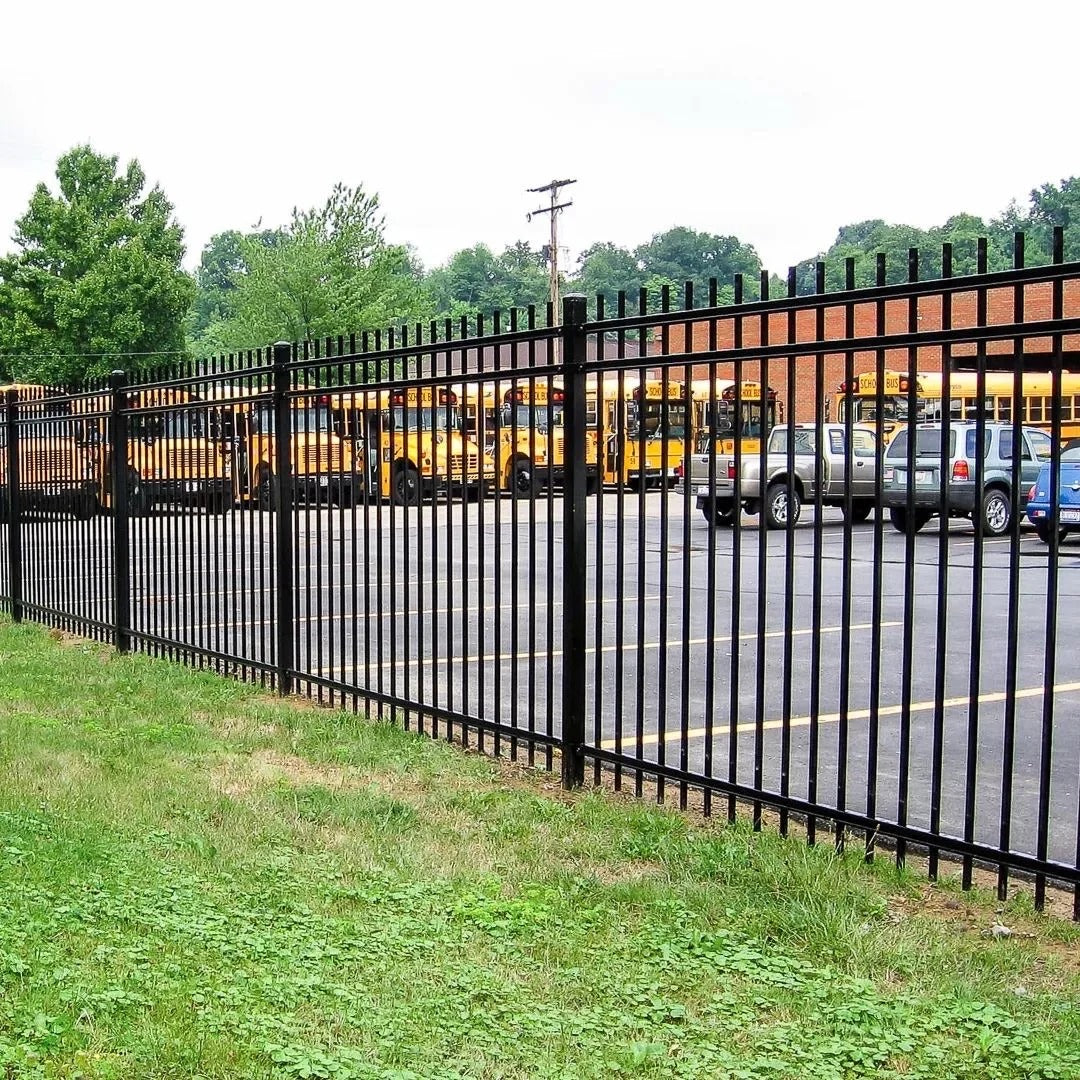 Black Rothnow wrought iron railing and fence with decorative design, custom-sized for outdoor security and aesthetic appeal.
