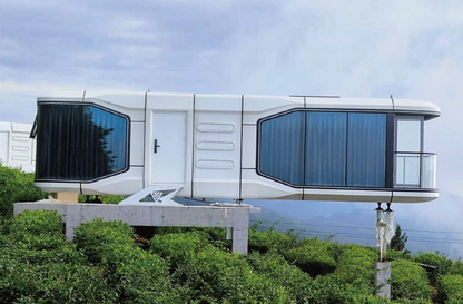 Black Rothnow Space Capsule House RNSH05-V7 made of steel structure, with sleek, modern design and compact shape.