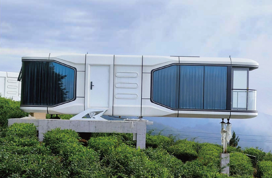 Black Rothnow Space Capsule House RNSH05-V7 made of steel structure, with sleek, modern design and compact shape.