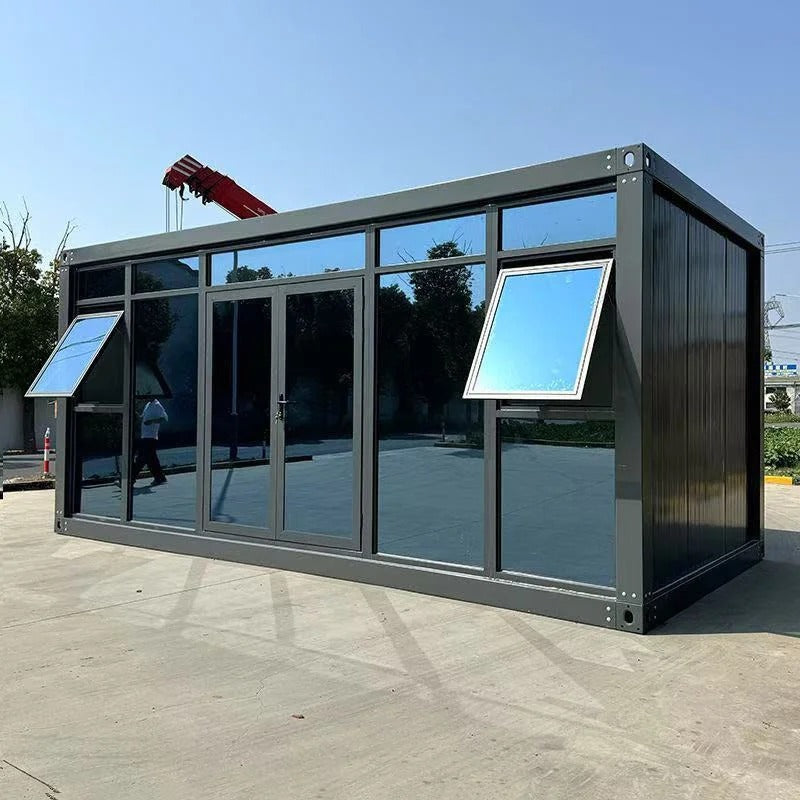 Black Rothnow Prefab House RNPH01 detachable container house with steel structure, shown in an outdoor setting.
