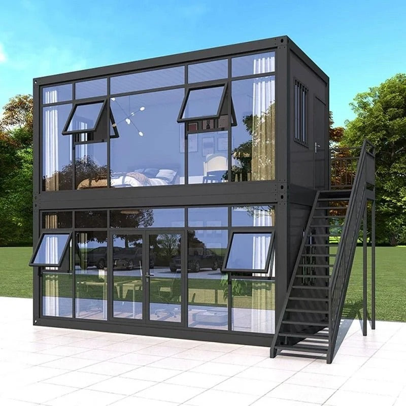 Rothnow® Prefab House RNPH01, black steel-structured detachable container house with modern design and large windows.