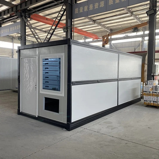 Rothnow® prefab foldable house with black steel structure, compact design, and spacious interior, designed for easy assembly and mobility.
