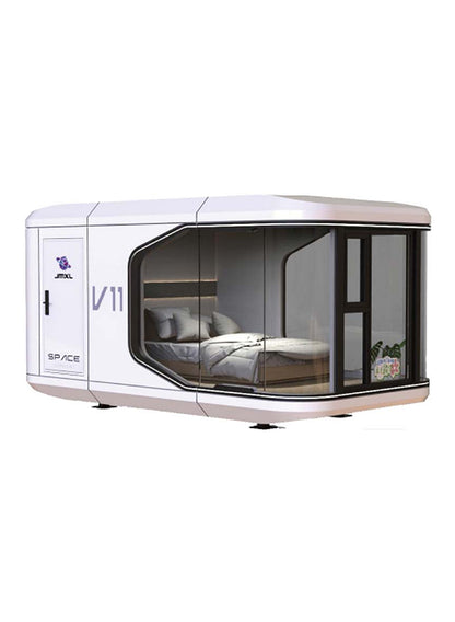 Black Rothnow Space Capsule House made of steel structure, compact and modern design, with a sleek exterior and detailed features.