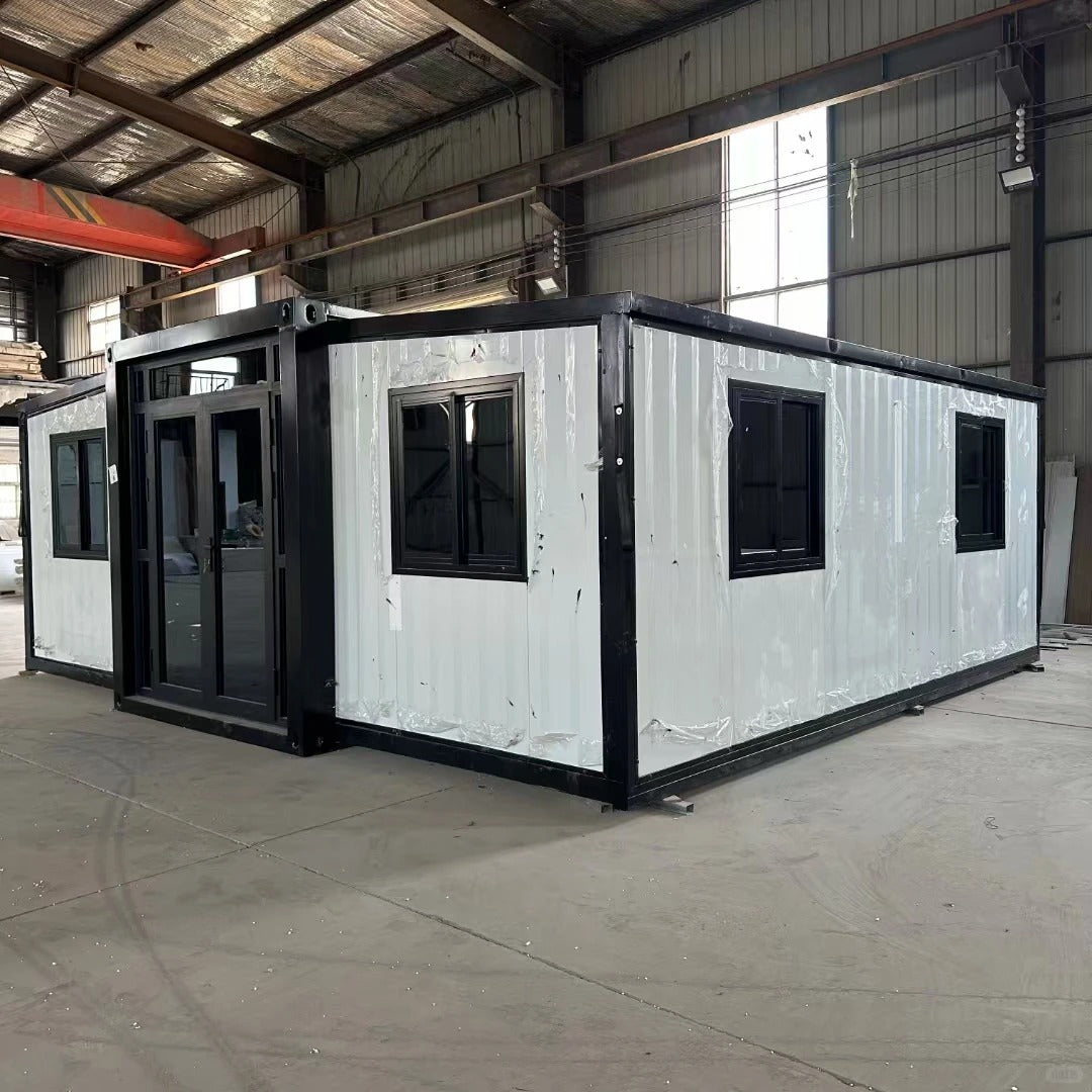 Black Rothnow Prefab House RNPH08 steel structure building, expandable design, exterior view with modern architectural features.