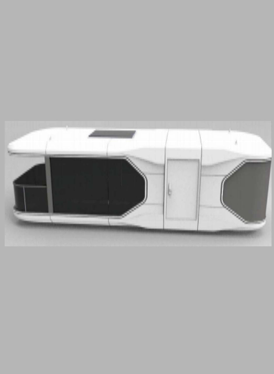 Black Rothnow Space Capsule House RNSH02-V5 with steel structure, shown in a spacious outdoor setting.