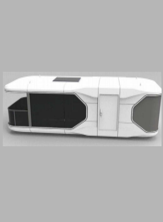 Black Rothnow Space Capsule House RNSH02-V5 with steel structure, shown in a spacious outdoor setting.