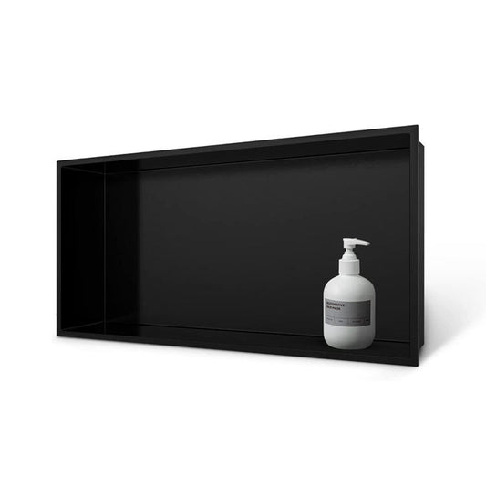 Black Rothnow® shower niche wall shelf with mirrored interior for bathroom storage and organization.