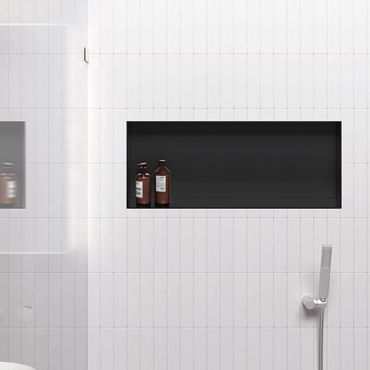 Black Rothnow® shower niche wall shelf with mirrored interior for bathroom storage and organization.