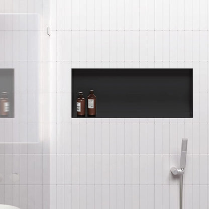 Black Rothnow® shower niche wall shelf with mirrored interior for bathroom storage and organization.