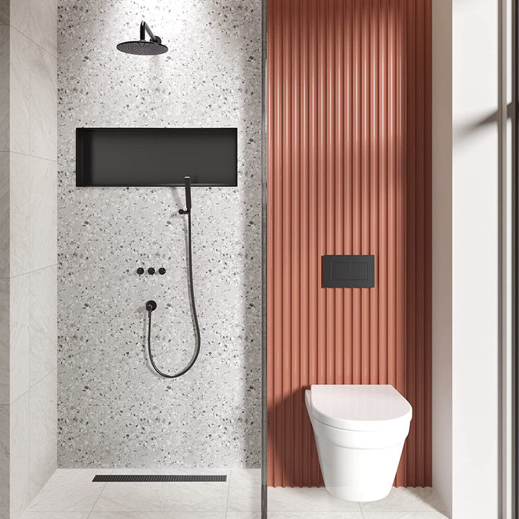 Black Rothnow® shower niche wall-mounted storage compartment for bathroom, with mirrored interior for toiletries and accessories.