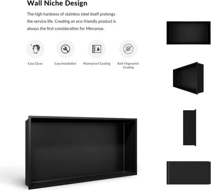 Black Rothnow® shower niche wall shelf with mirrored interior for bathroom storage and organization.